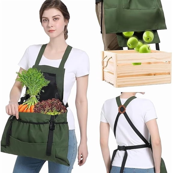 Waterproof Canvas Harvesting Apron with Quick-Dump System & Quick-Release Pocket, Garden Picking Tool