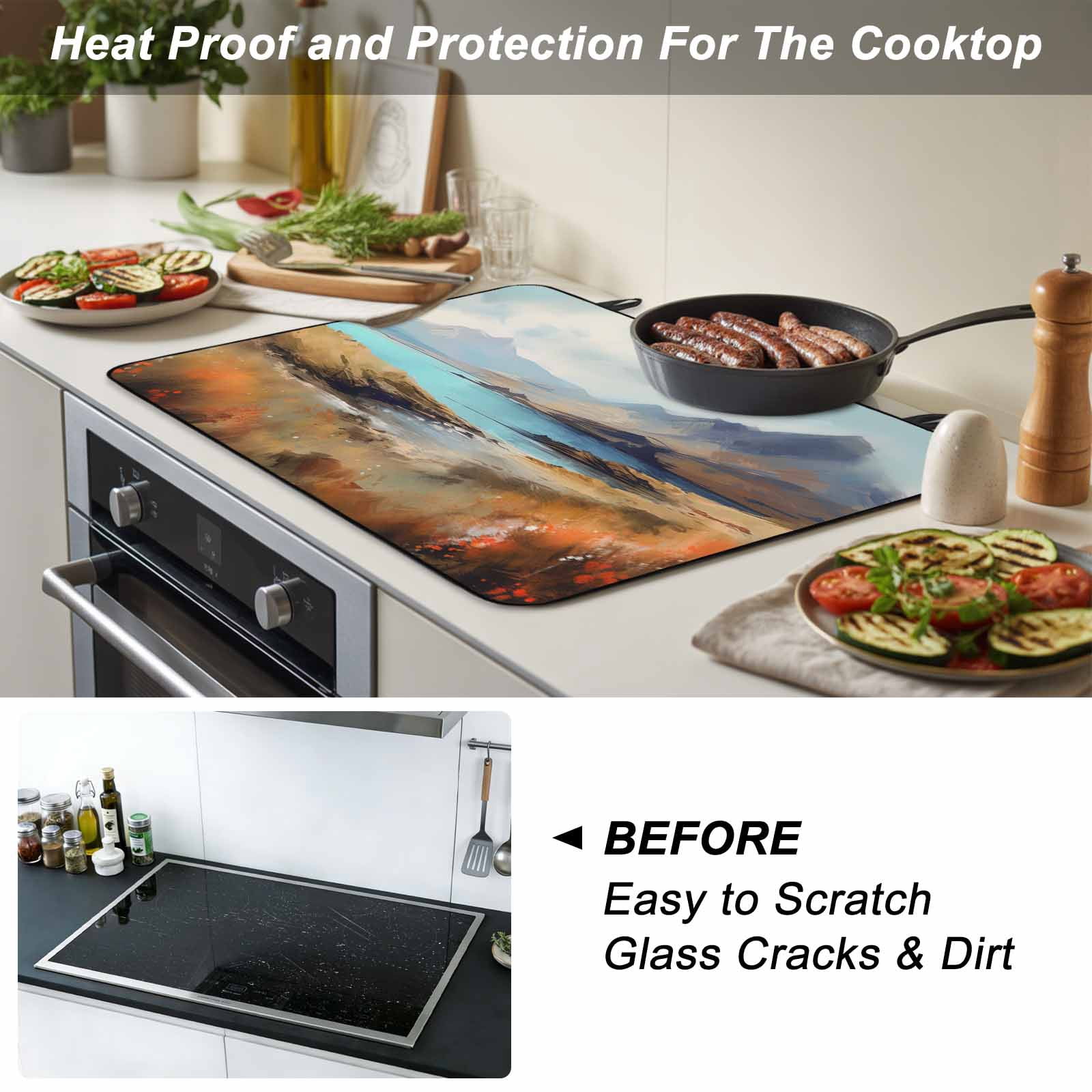 Mountain Stove Top Cover for Electric Stove, Heat-proof & Non Slip Glass Top Stove Cover Protector, Modern Landscape Oil Painting Abstract Art Kitchen Flat Cooktop Rubber Mat 24x21 Inches