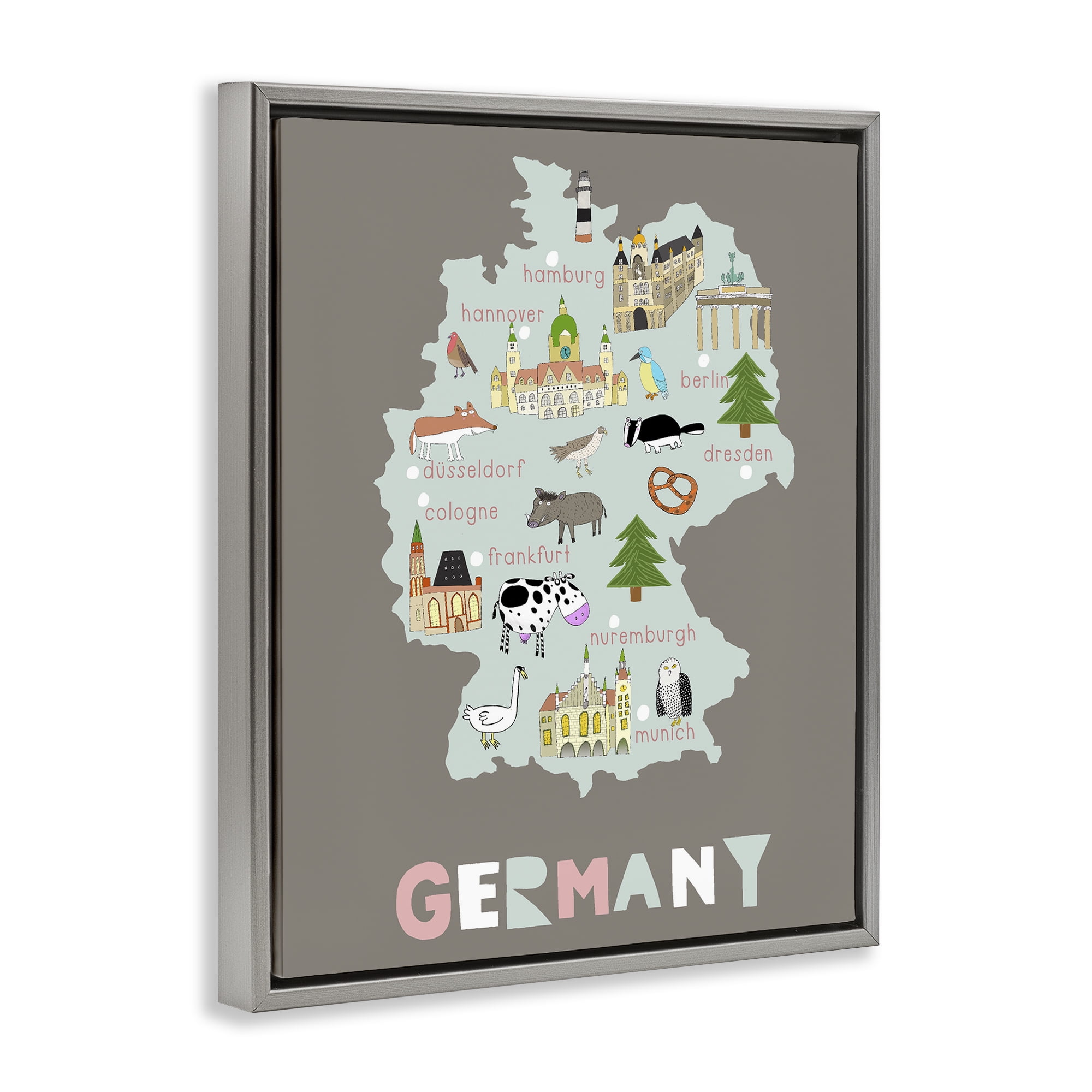 Kid's Map of Germany Gray Framed Floater Canvas Wall Art, design by Carla Daly