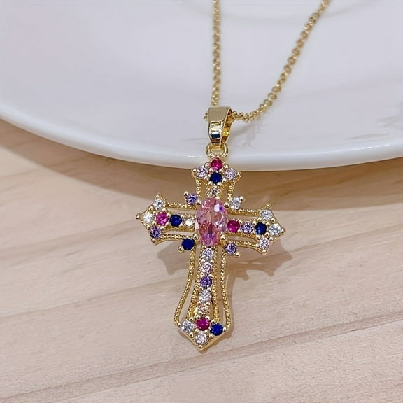 Zhuge handmade necklace pendant, suitable for both men and women, retro cross necklace, personalized pendant, zircon necklace (colored)