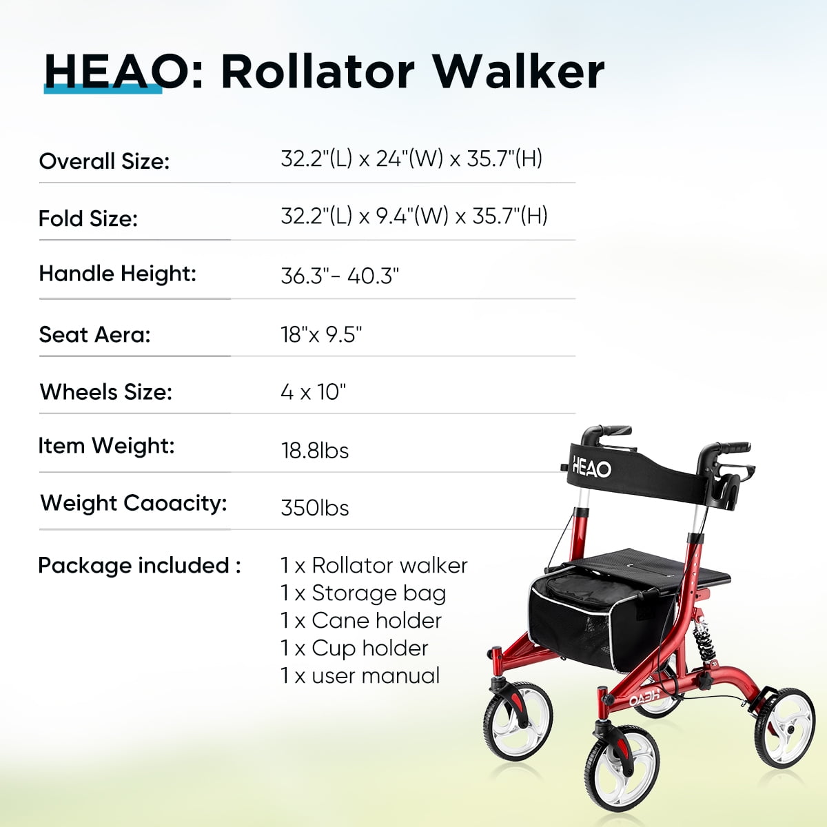 Buy HEAO Rollator Walker with Seat for Seniors,4 x 10 Wheels Upright