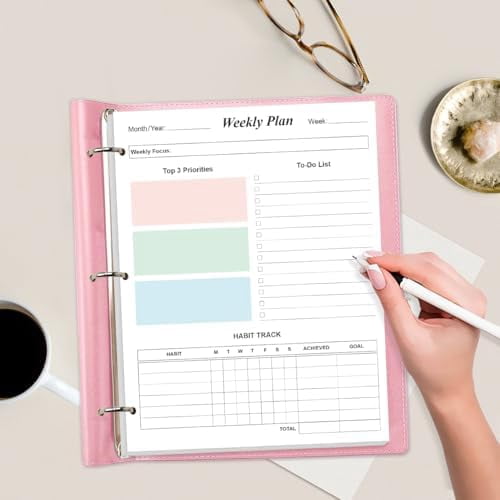 3-Hole Weekly Planner Refills - 53 Sheets/106 Pages Colorful Weekly Planner for 3 Ring Binders, 100 gsm White Paper, Lasts 1 Year, Undated, 8.5'' x 11''