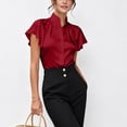 thumbnail image 3 of Uootdi Work Tops for Women Stand Collar Flutter Short Sleeve Button Front Plain Satin Womens Shirts Straight Fit Business Casual Silky Summer Blouses for Women, 3 of 5