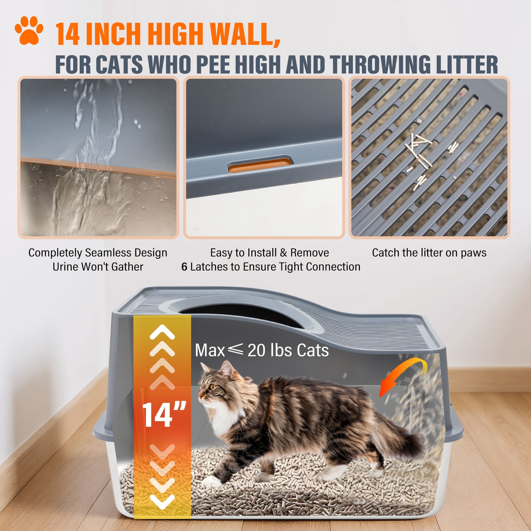 Kettnjoy Top Entry Cat Litter Box with Lid, Stainless Steel XL Enclosed Cat Kitty Litterbox, Extra Large Metal High Side Litter Pan Tray Box Enclosure Easy Cleaning Anti-Leakage, Gray