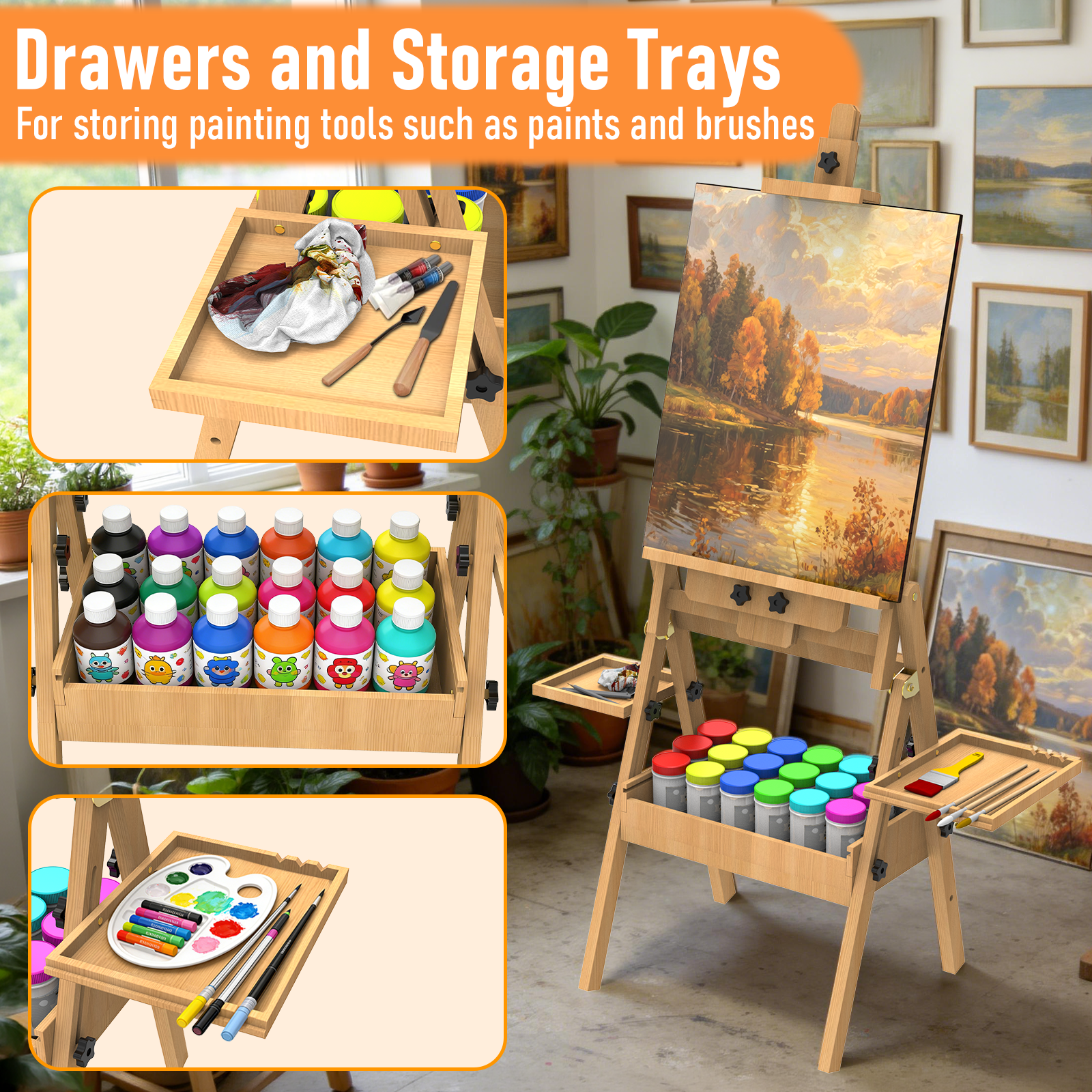Yacona Easel for Painting, Large Beech Wood Art Easel for Adults, Painting Stand with Storage Box and Palette, Holder up to 48''