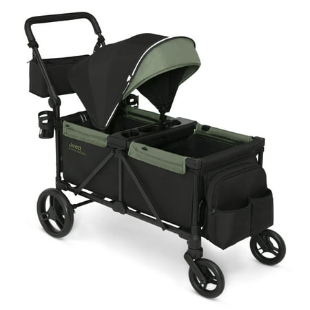 Jeep Sport All-Terrain Stroller Wagon by Delta Children - Includes Canopy, Parent Organizer, Adjustable Handlebar, Snack Tray & Cup Holders, Black/Olive Green