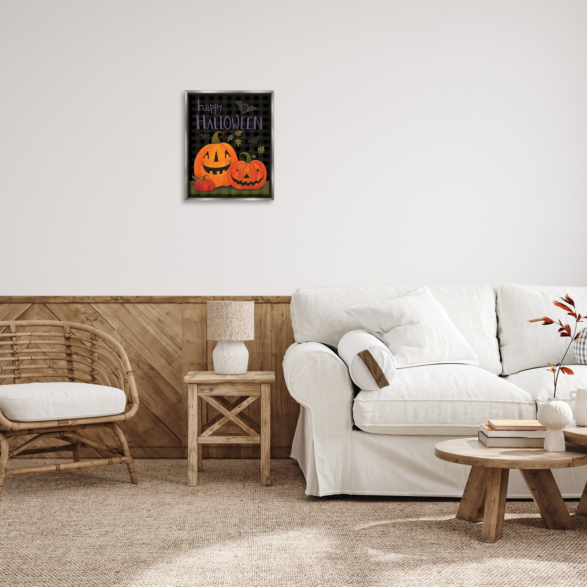 Stupell Industries Pumpkins & Bat on Plaid Holiday Painting Gray Floater Framed Canvas Art Print Wall Art, 17 x 21