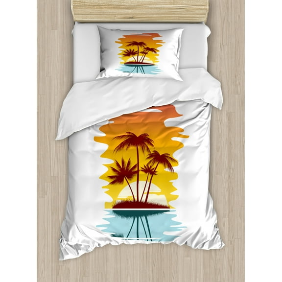 Beach Twin Size Duvet Cover Set, Tropical Abstract Background with Palm Trees and Sunset Ocean Coastline, Decorative 2 Piece Bedding Set with 1 Pillow Sham, Orange Pale Blue Brown, by Ambesonne