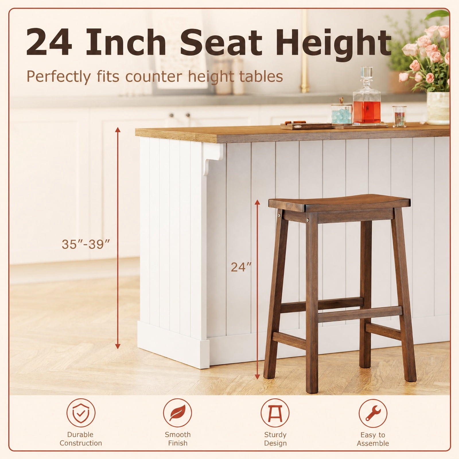 Furnibear Set of 2 Saddle-Seat Counter Height Stools with Curved Seat and Footrests for Kitchen Island Counter Bar Pub Dining Home, Walnut