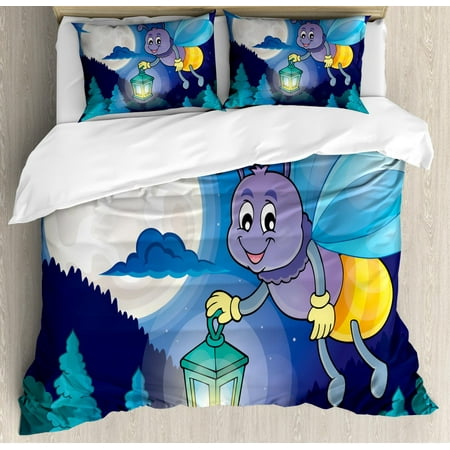 Sized Sky Lantern Firefly Duvet Cover Set Queen Size, Cute Little Bug Flying with Lantern on Full Moon Sky Night Childish Kids Cartoon, Decorative 3 Piece Bedding Set with 2 Pillow Shams, Multicolor, by Ambesonne ()