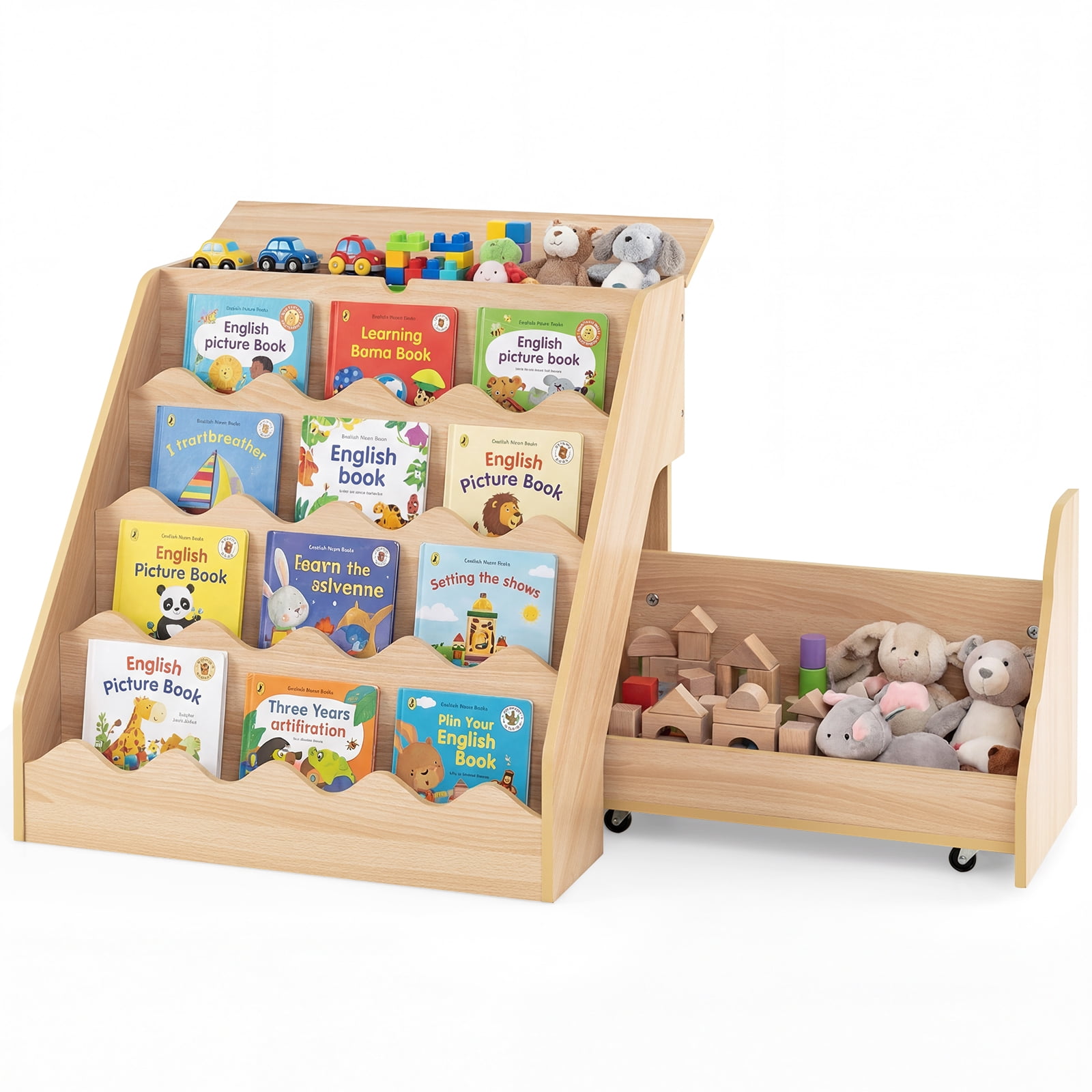 Costway Kids’ Bookshelf & Toy Storage Organizer with Rolling Drawer Cart, 4 Tier Book Shelf Natural