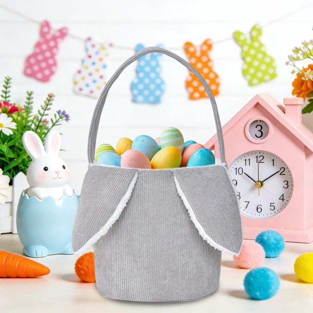 Rewenti Easter Corduroy Rabbits Handheld Basket Cute Rabbist Ears Easter Storage Basket