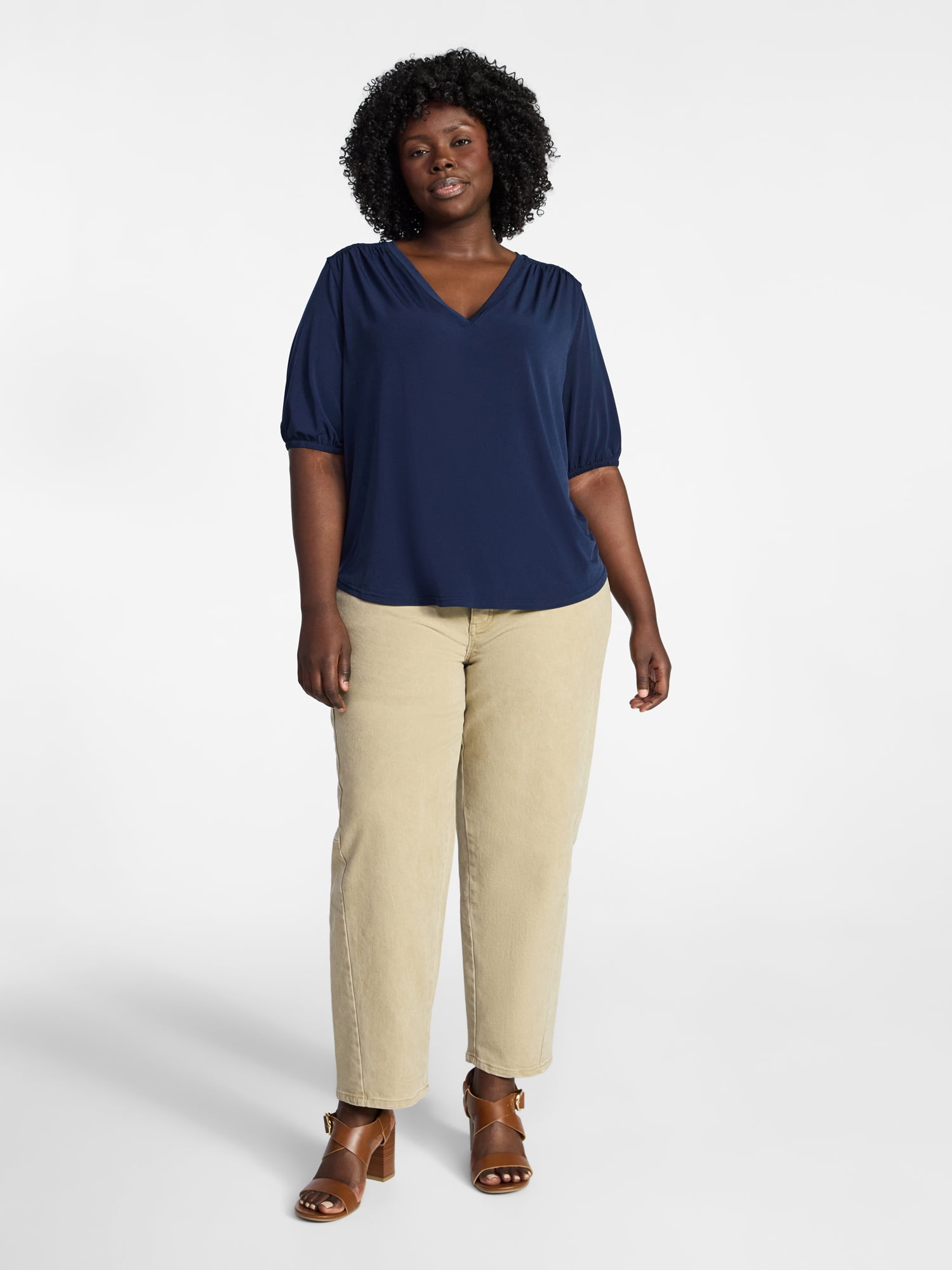 Terra & Sky Women's Plus Size V Neck Tee with Elbow Sleeves, Sizes 0X-5X