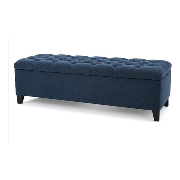 Benjara Elias Storage Bench- 51" Button Tufted Blue Velvet- Solid Wood