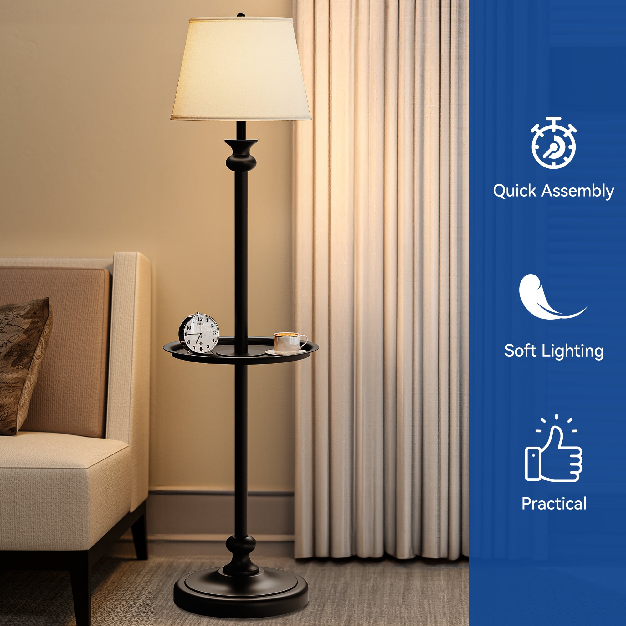 Uforic 57'' Vintage Metal Floor Lamp with Tray, Linen Shade, Weighted Base, and Rotary Switch for Bedroom, Living Room, Office, Study (Bulbs not Included)