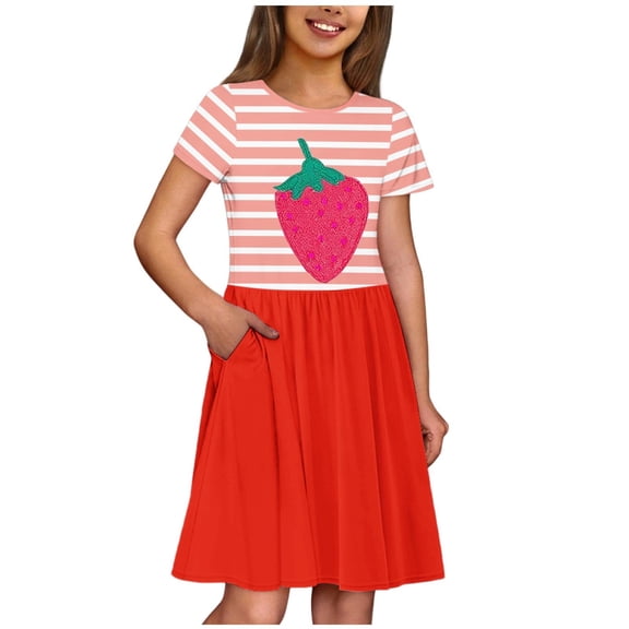 13-14 Years Girls Summer Dresses Casual Dress Cotton A-Line Shirt Cartoon Short Sleeve Clothes for Kids Age 3-14 Years Old