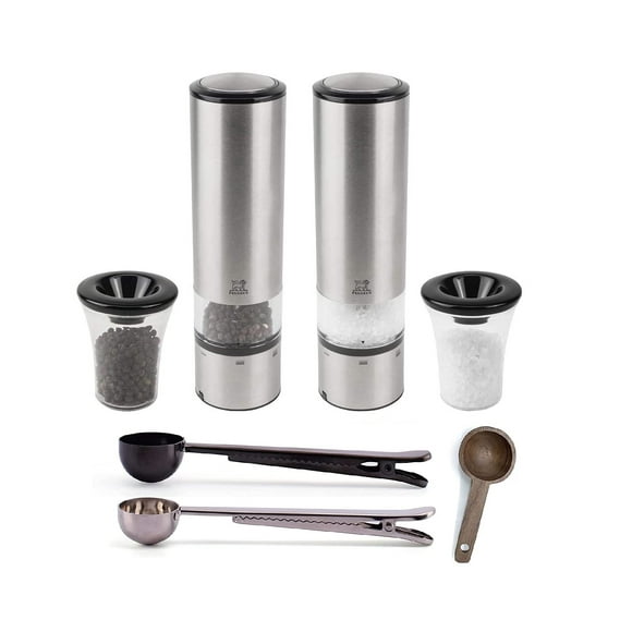 Peugeot Elis Sense U-Select 8 Inch Salt & Pepper Mill Gift Set - With 2 Stainless Steel Spice Scoop/Bag Clip & Wooden Spice Scoop