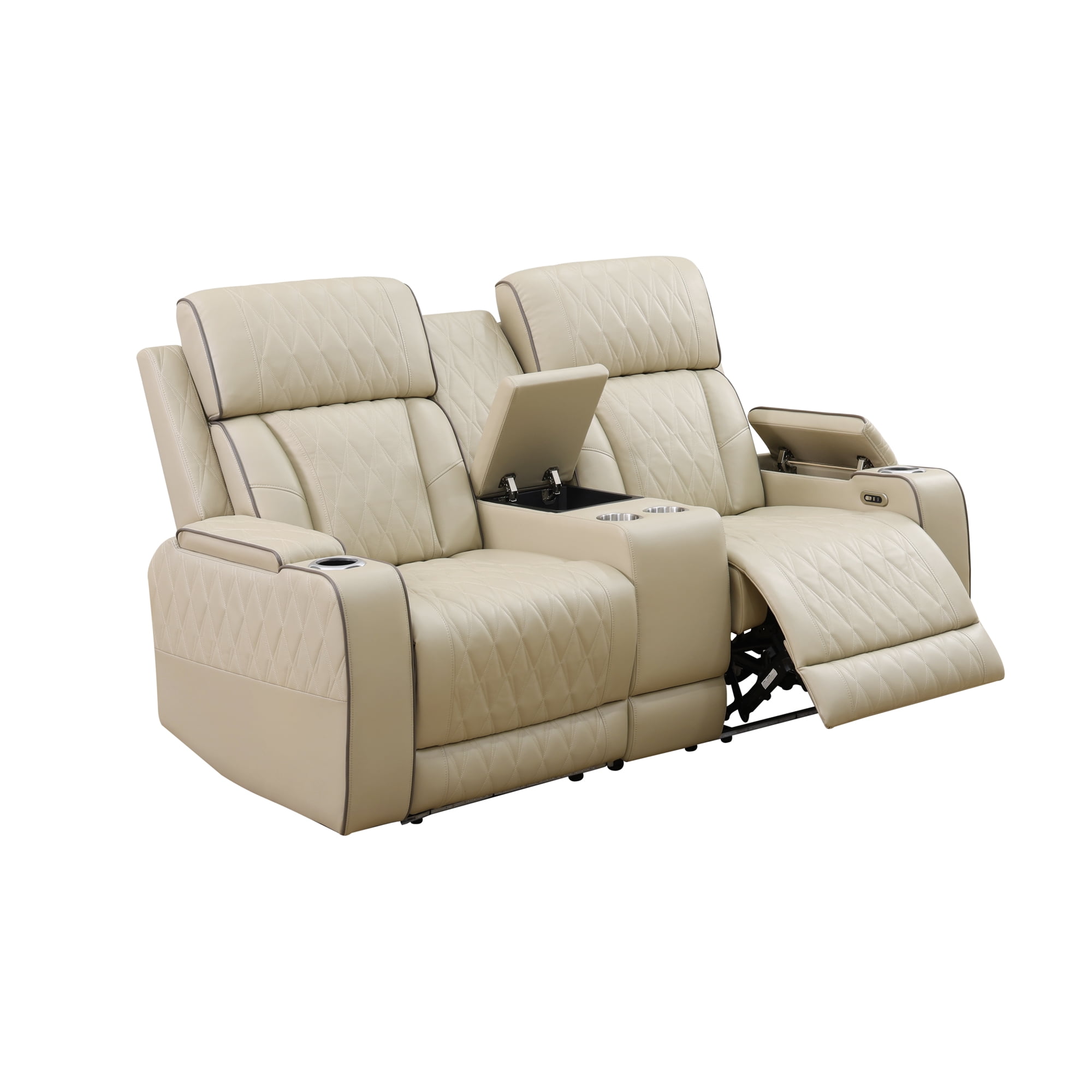 Gewnee Loveseat Power Reclining Multifunctional Sofa, Air Leather, Storage Console, Cup Holders,Khaki