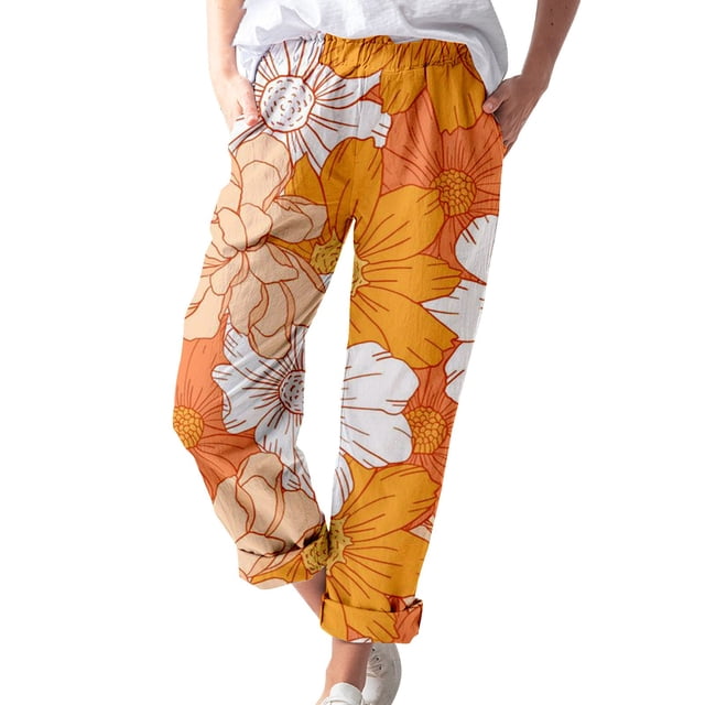 toraway Pantalons Décontractés pour Femmes Petites Poches en Coton et Lin Imprimé Mode Décontractée m