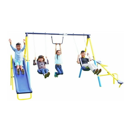 Sportspower Outdoor Super First Metal Swing Set with Trapeze, Teeter-Totter, 6ft Heavy Duty Slide