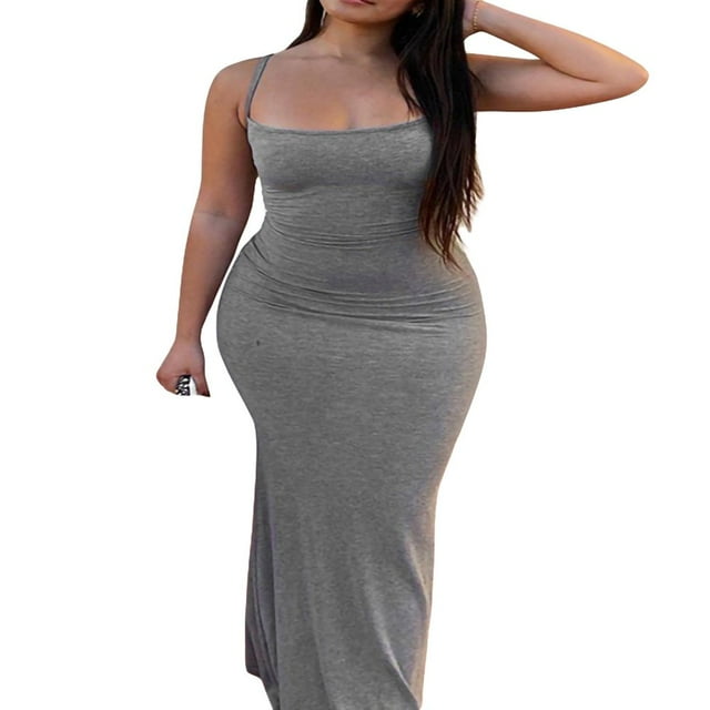 KEINXS Robe Sans Manches pour Femmes, Couleur Unie, Bretelles Spaghetti, Jupe Longue Moulante