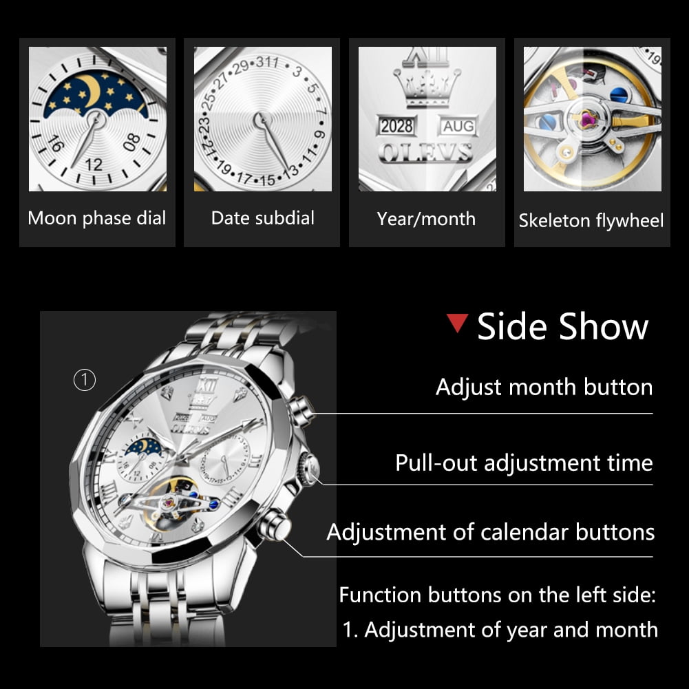 OLEVS Automatic Watches for Men Self Winding Mechanical Skeleton Luxury Dress Chronograph Gold Plated Stainless Steel Calendar Moon Phase Waterproof Luminous Mens Wrist Watches Reloj Para Hombre