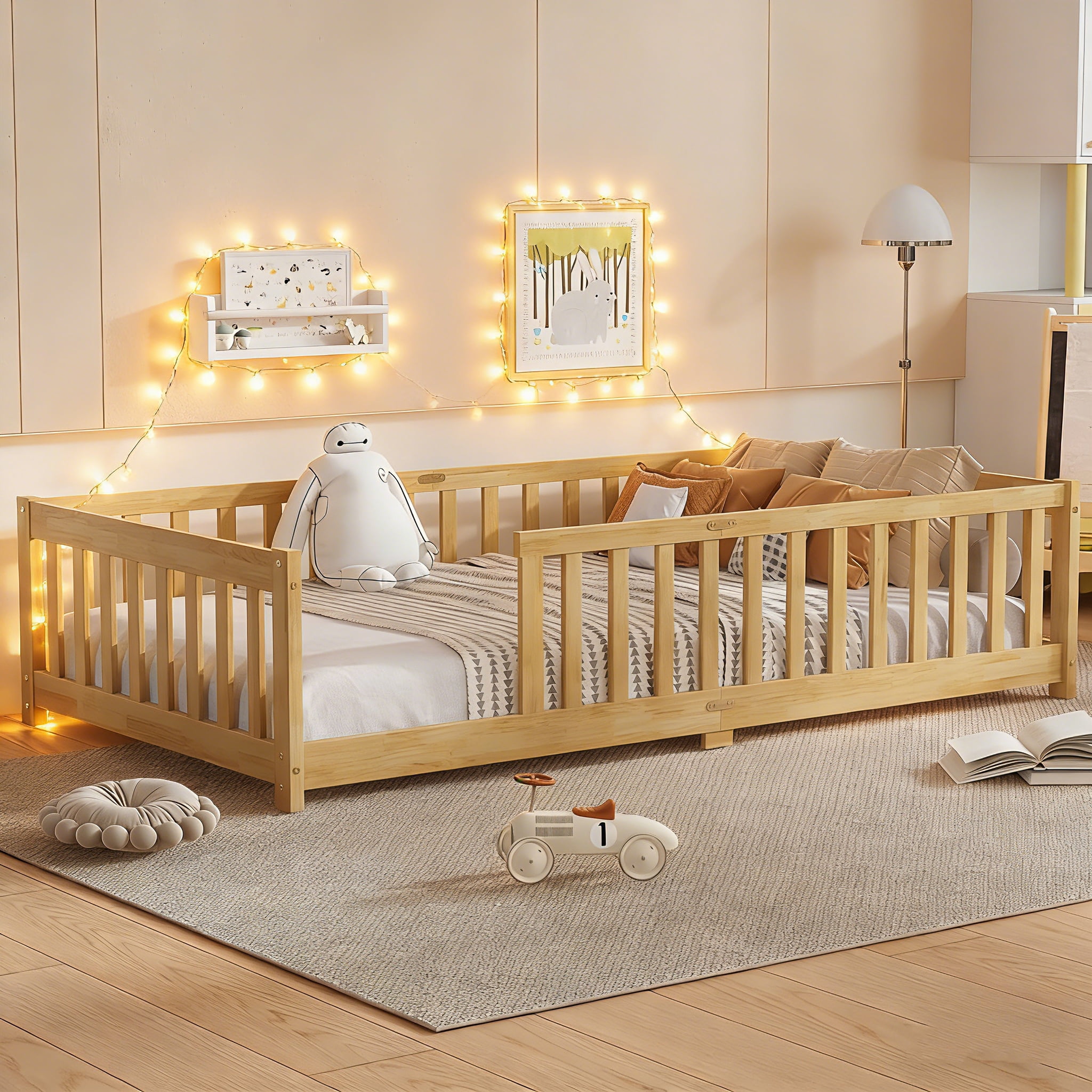 Bellemave Twin Size Floor Beds, Wood Montessori Bed with Fence Railings & Support Slats, No Box Spring Needed (Natural）