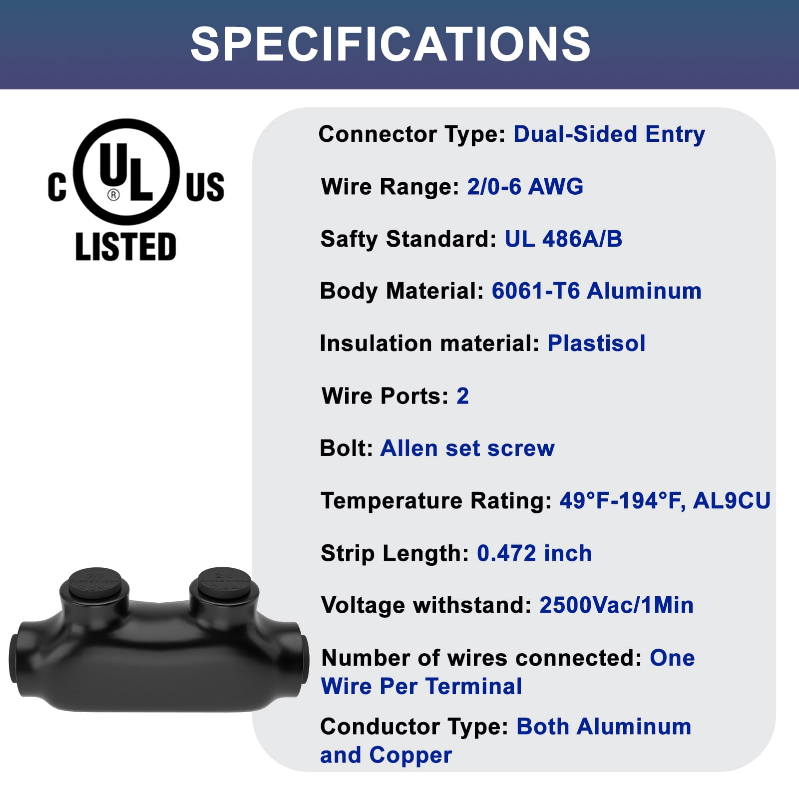 2 Port Insulated Wire Connectors Black Splice Connector 2/0-6 AWG Multi Cable Connector Dual Sided Entry Cable Splicers with Oxide Inhibitor UL Listed - 5 Pack