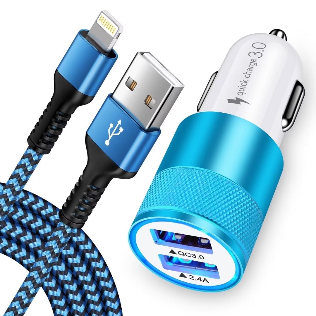 Car Charger,iPhone Car Charger Adapter with iPhone Charger Cable 10ft HAOANO QC3.0+2.4A Dual Port USB Fast Car Charger Compatible for iPhone Fast Charging Cable 10ft Cigarette Lighter Socket