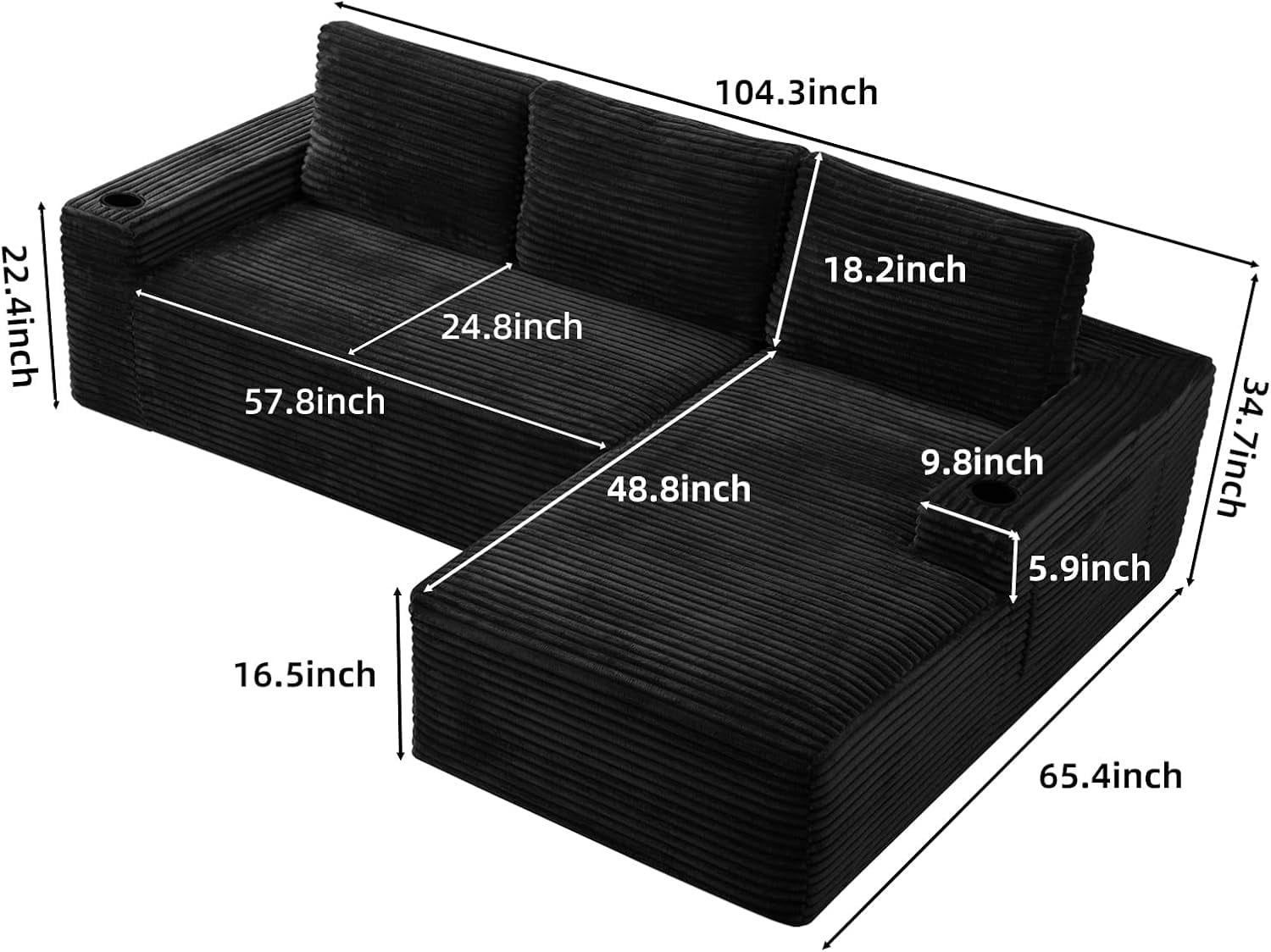 104" Cloud Modular Sectional Sofa, Corduroy Boneless L-Shape Chaise Couch with Deep Seat for Living Room Bedroom, No Assembly Required