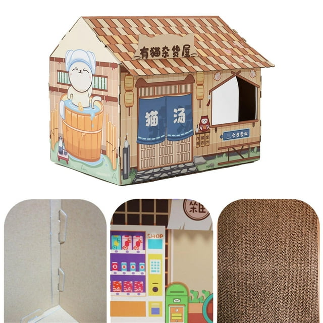 Casa para de cartón con almohadilla para rascar Ventanas de salón extraíbles rascador para transpirables - color marrón Colco tabla de rascar gato