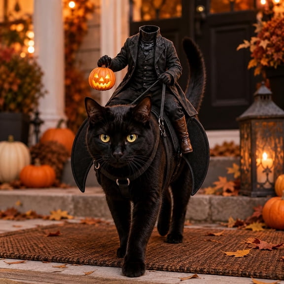 Headless Horseman Cat Costume – Spooky 3D Horse Riding Illusion，Halloween Cat Costume with Funny Ride On Design for Cats Pet Photoshoot Party Dress Up and Spooky Holiday Events（1PC）