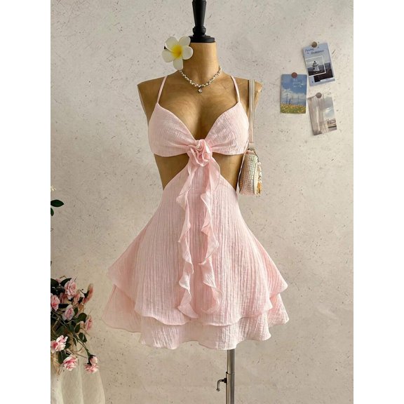 Womens Baby Pink Boho Ruffle Backless Mini Dress, Hollow Out Floral Tie