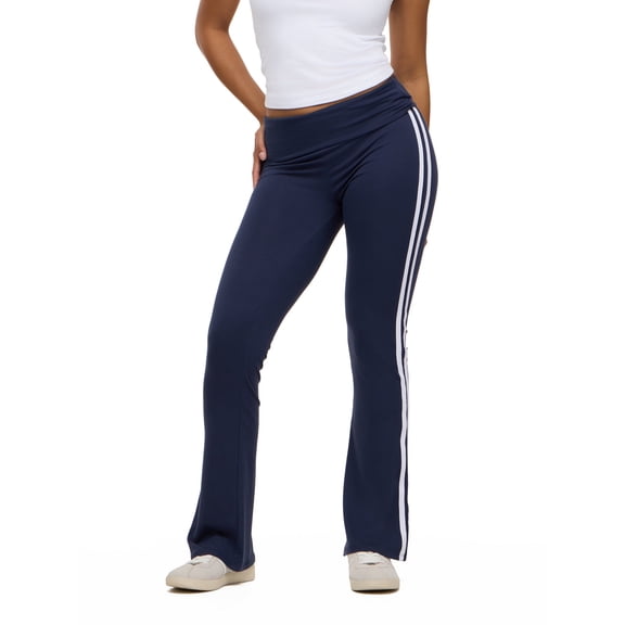 Forever 21 Women's Fold-Over Waist Flare Pants with Side Stripe, Navy, XS-XL