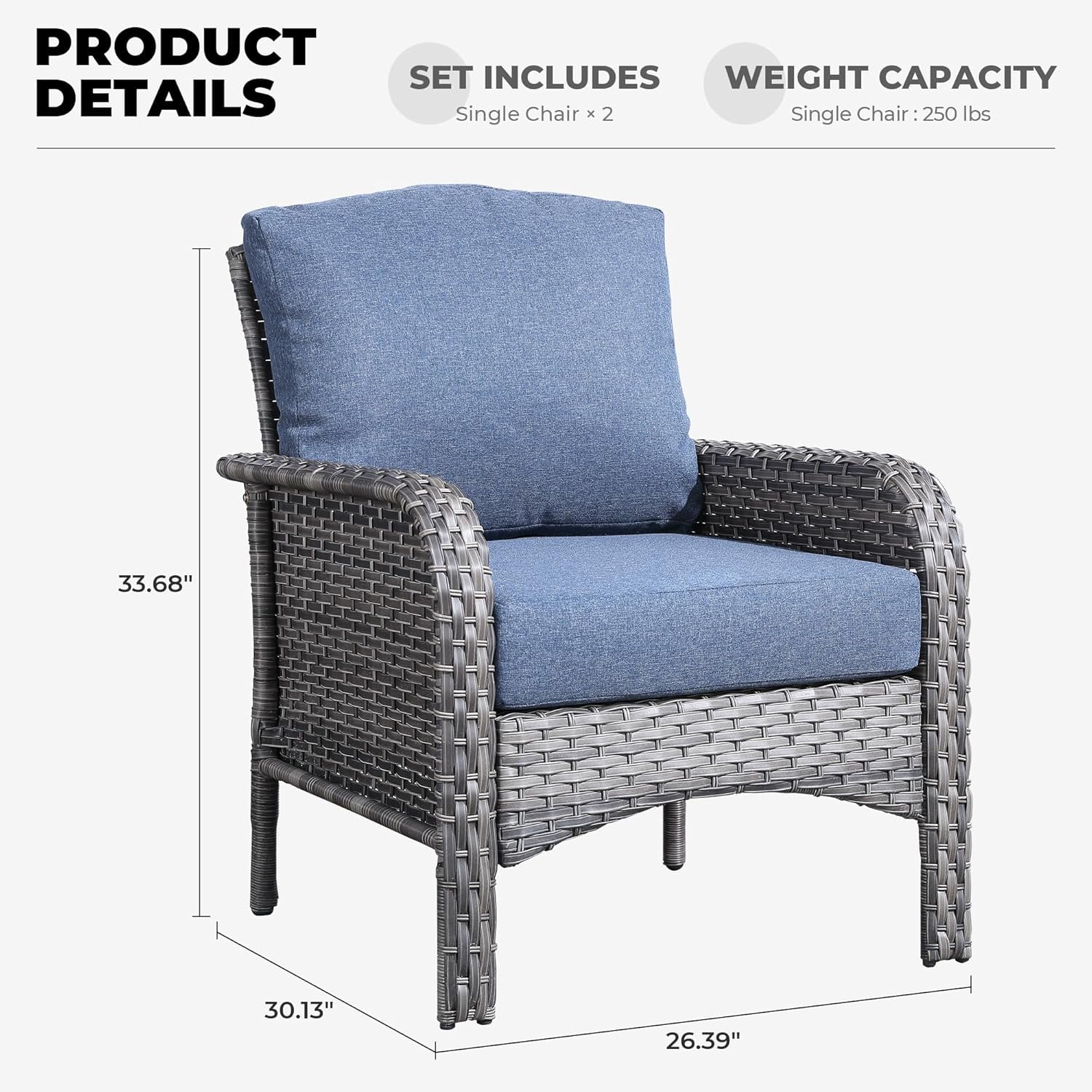 Ovios Patio Chairs Set of 2 All-Weather Wicker Patio Furniture Chairs Set Rattan High-Back Outdoor Armchairs with Cushions, Denim Blue