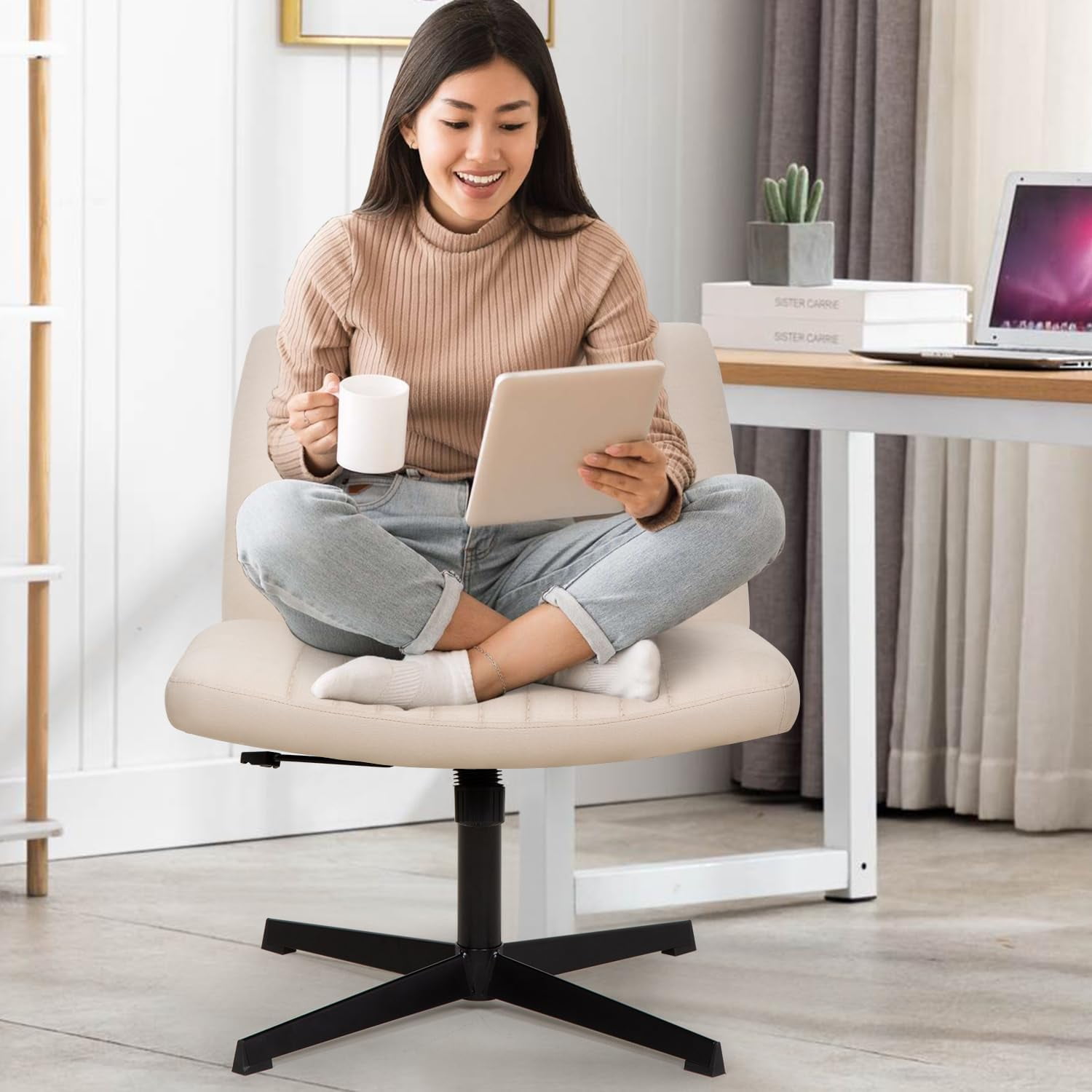 YRLLENSDAN Criss Cross Chair Wide Desk Chair Comfy Computer Chair Vanity Chair Wide Office Chair No Wheels Cross Legged Office Chair Armless Office Chair, Beige