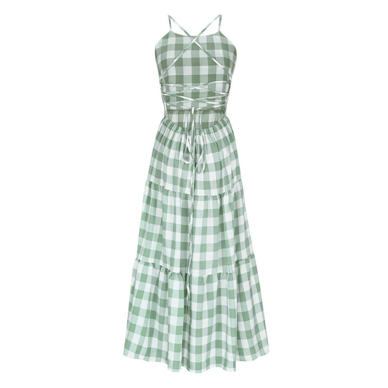 SMihono Women's Summer Plaid Halter Maxi Dress - Sexy Spaghetti Straps  Sleeveless Long Wedding Guests Party Dresses Green L - Walmart.com