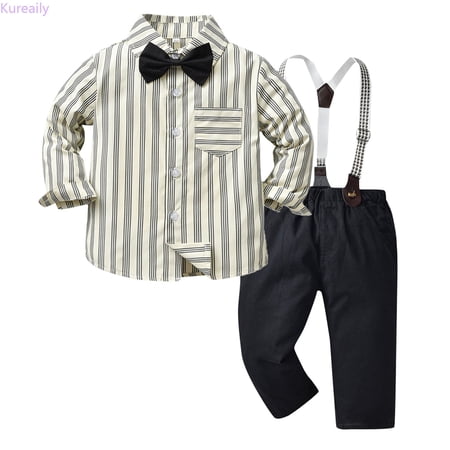 Kureaily Toddler Boys Long Sleeve Striped Prints T Shirt Tops Pants Child Kids Gentleman Outfits 6-7 Years