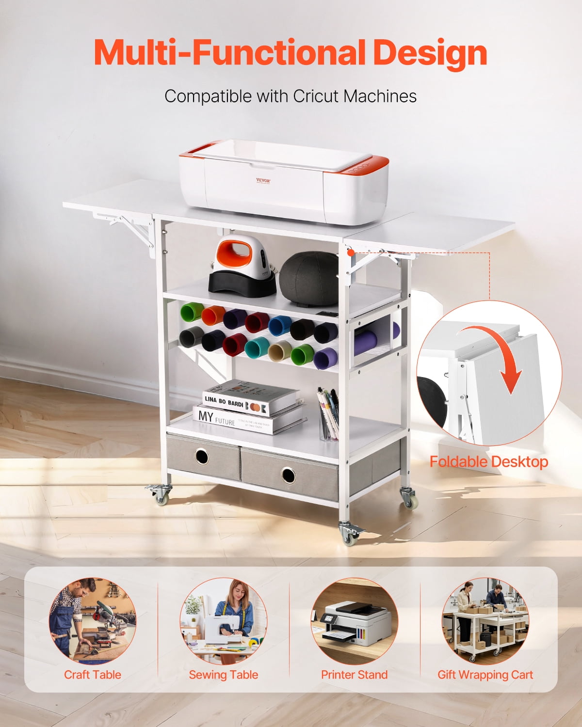 VEVOR Rolling Craft Cart and Storage Table, Compatible with Cricut Machines, Collapsible Cricut Table with Foldable Sides, Craft Rolling Storage Organizer with 14 Vinyl Roll Holders and 2 Drawers