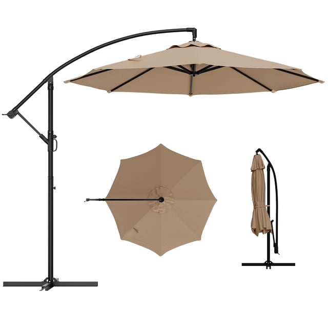 Parasol Déporté de Patio 10 Pi – Rotation à 360°, Inclinaison et Manivelle Faciles, Polyester Résistant aux UV et Imperméable, Cadre en Acier Enduit de Poudre à 8 Baleines, Ombrage de Marché Extérieur pour Cour Arrière, Pelouse, Jardin, au Bord de la Piscine – Beige