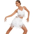 thumbnail image 2 of Aislor Women's Latin Salsa Ballroom V Neck Sleeveless Fringe Crop Top with Swing Skirt Indian Dancewear White M, 2 of 7