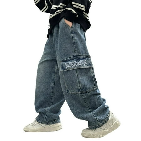WRTFVZA Cute Jeans for Kids Straight Leg Flap Pockets Gentle and Breathable Boys Baggy Denim Cargo Pants