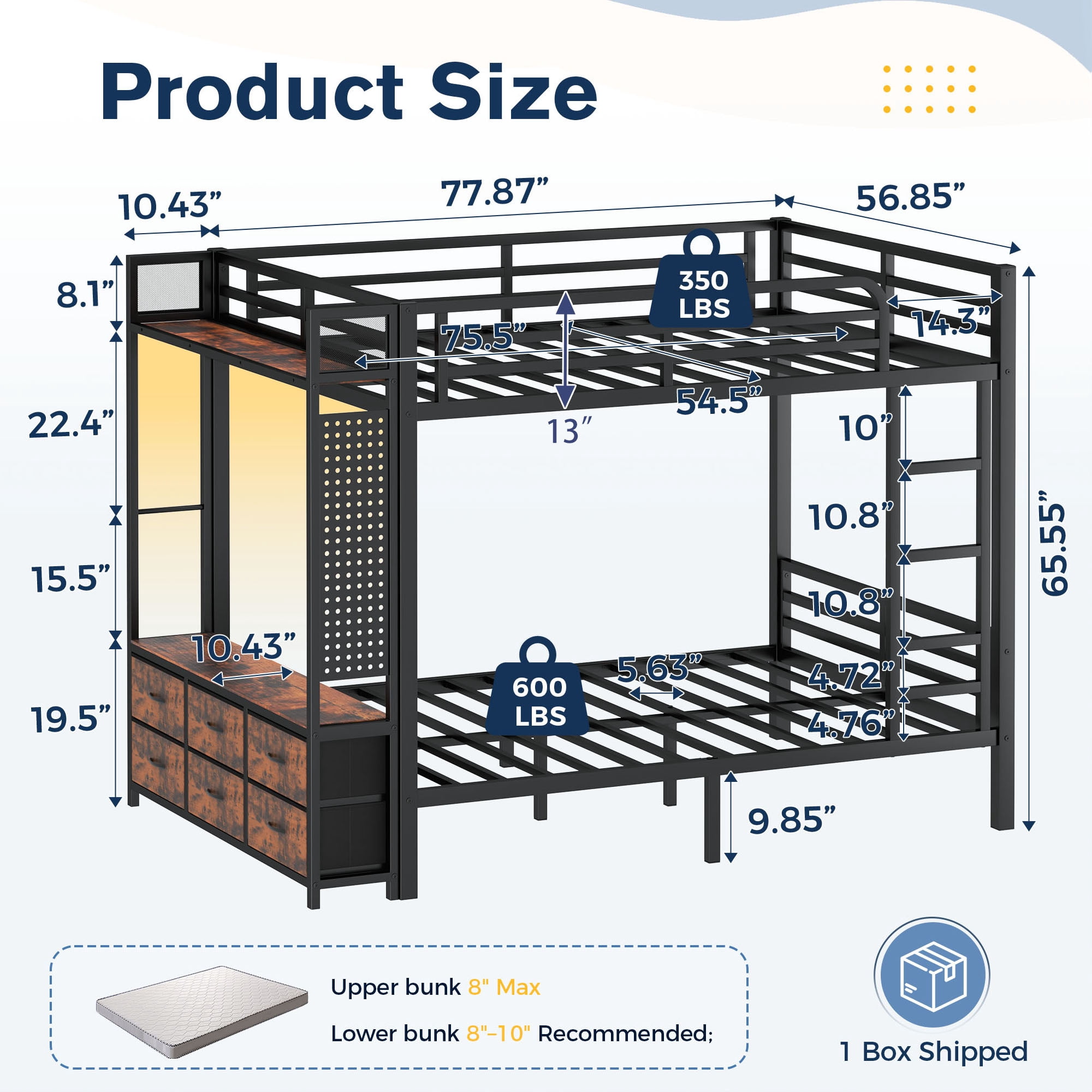 Miniyam Full Over Full Metal Bunk Bed with 6 Storage Drawers, LED Light and Charging Station, Black