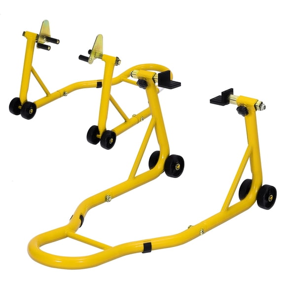 Heavy Duty Motorcycle Lift Stand Set Front and Rear Wheel Paddock Stand with Adjustable U and L Swingarm Spool 900 Lb Capacity Yellow