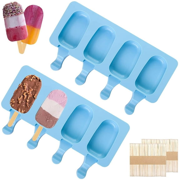 2 Pack Popsicle Molds for CakeCakesicle, Silicone 4 Cavities Ice Cream Mold with 100 Wooden Sticks for CakeMaker Molds IceMolds, Blue