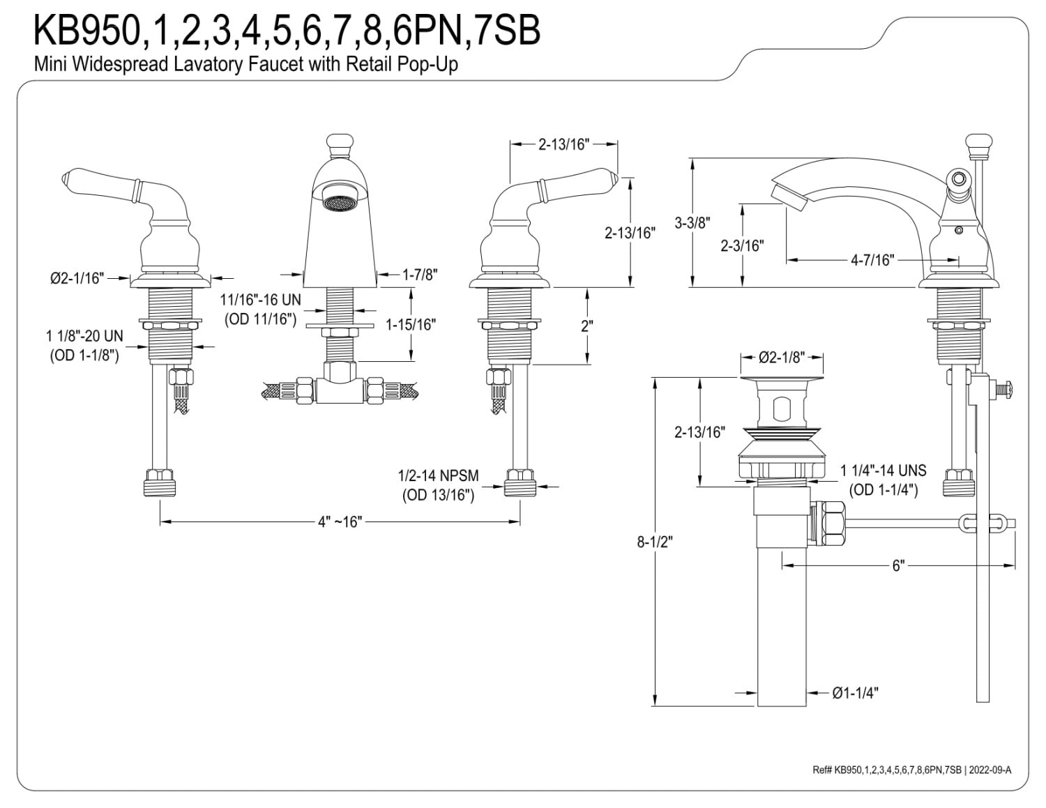 Kingston Brass Magellan Two Handle 4" to 8" Mini Widespread Lavatory Faucet with Retail Pop-up