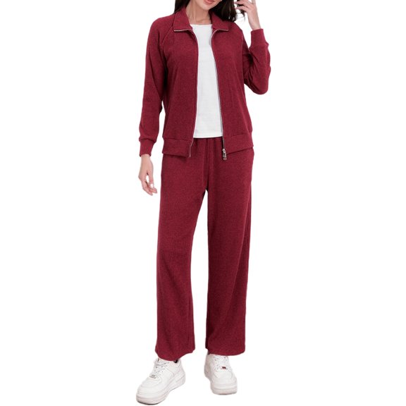 Aihuaihua Lounge Sets For Women 2025 Zip up Collared Sweatshirt and Wide Leg Sweatpant 2 Piece Outfits Ribbed Sweatsuit Tracksuit Red