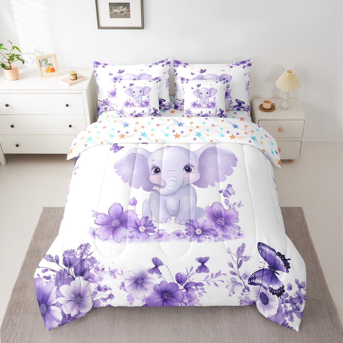 jejeloiu Cute Elephant Bedding Comforter Set 7pcs,Zoo Animal Queen Bedding Sets,Purple Flower Butterflies Queen Sheet Sets For Boys Girl,Super Cozy Room Decor Reversible