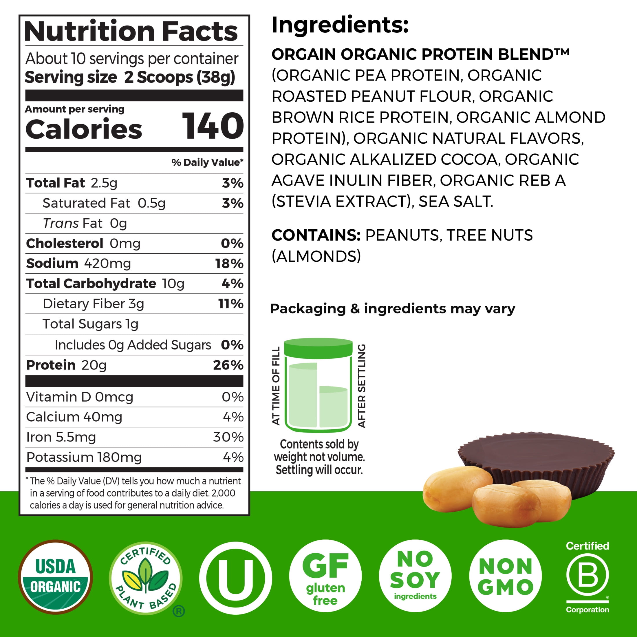 Orgain X JUSTIN’S® Organic Plant & Nut Butter 20g Vegan Protein Powder, Dark Chocolate Peanut Butter 13.28oz