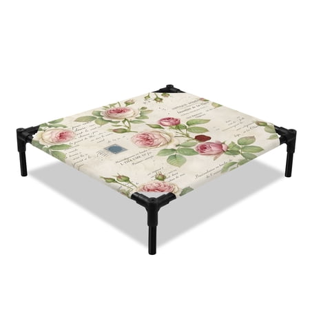 Spring Rose Bouquet Elevated Dog Bed Rustic Vintage Pink Flower Floral Green Leaves Cooling Breathable Outdoor Raised Dog Cot Bed with Metal Frame Non-Slip Feet for Small Dog 20x20in